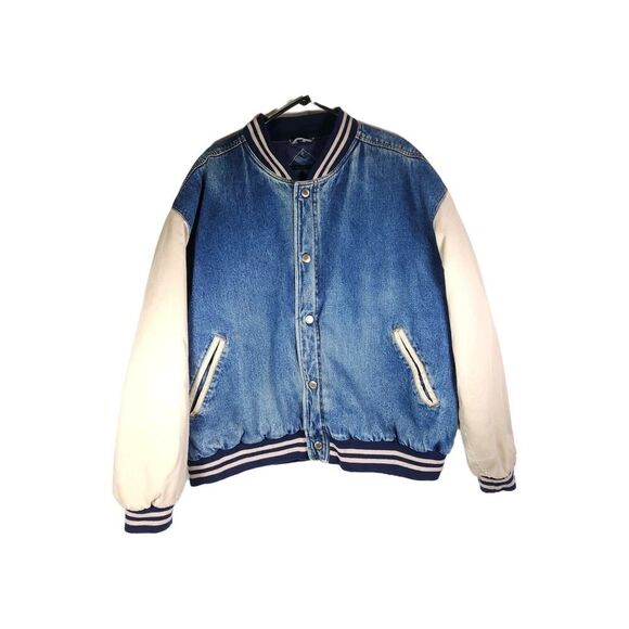 Basic Editions Men's Vtg 90s XL Denim Distressed Colorblock Bomber Jacket - Picture 1 of 16